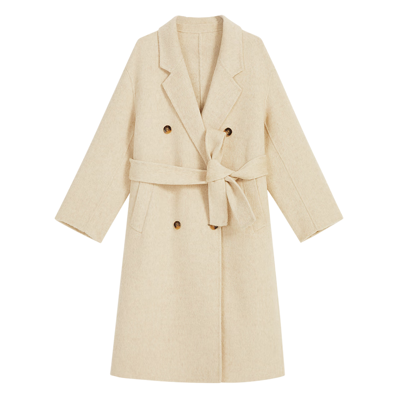 YINER音兒2025年春季女裝【桑蠶絲+駱駝絨】羊毛呢大衣駁領(lǐng)外套 奶油白 S 36