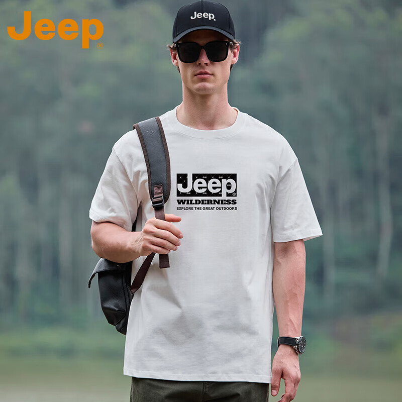 吉普(JEEP)美式高端男士重磅t恤男纯棉短袖男夏季体恤2025新款大码男装夏装 黑色 【专柜正品】 M