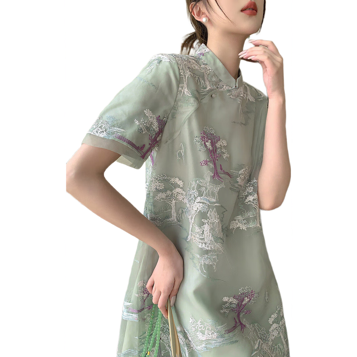 德瑪納半高領輕盈仿天絲繡花高階直筒連衣裙女中長款 淺水綠 XL 