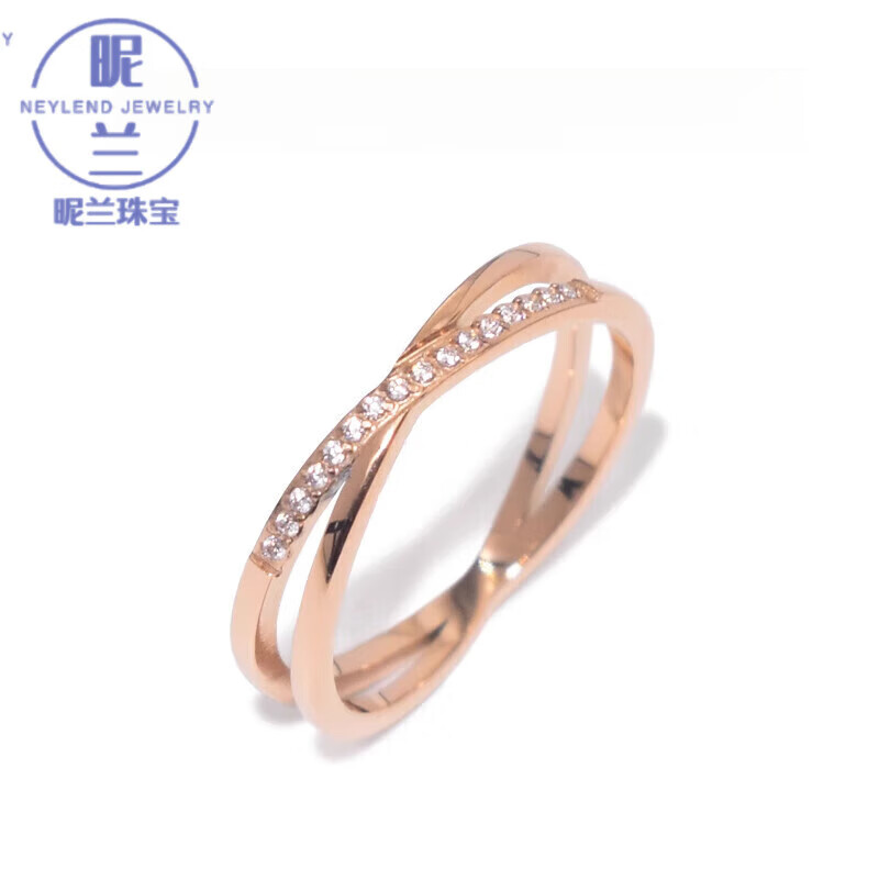 昵蘭胖東來品質18k玫瑰金戒指交叉女時尚個性小眾設計交錯排鉆食指指 玫瑰金色7美號(專柜13-16碼)