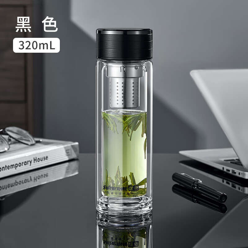 膳魔师(THERMOS)双层玻璃杯隔热办公家用男士茶水分离泡茶杯车载水杯定制LOGO 绿色320ml+超市+定制LOGO