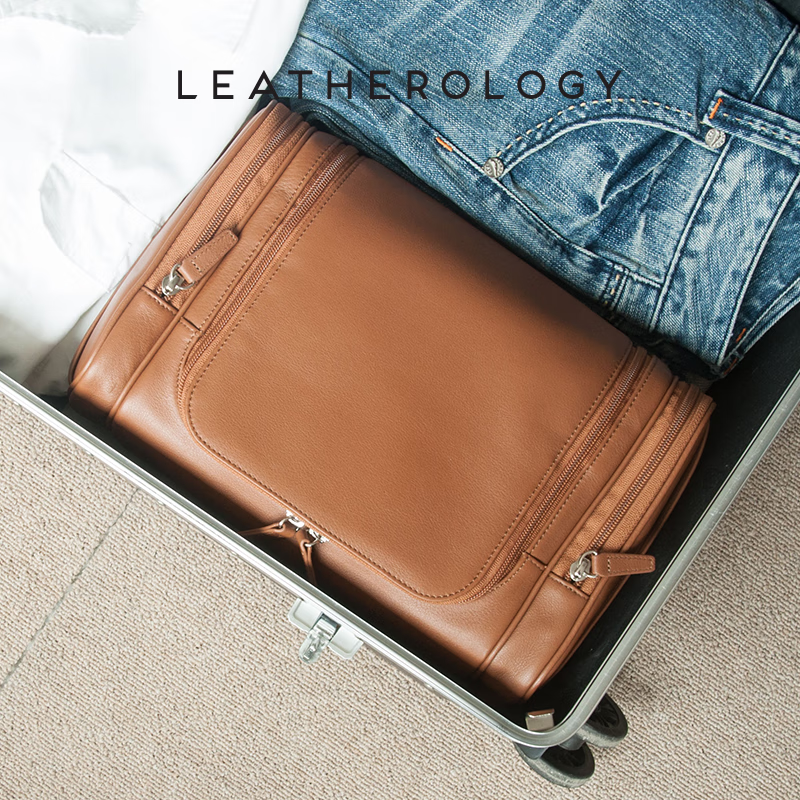 LEATHEROLOGY牛皮可挂式洗漱包男旅行收纳袋便携大容量手提化妆包定制老师礼物 玛瑙黑L号