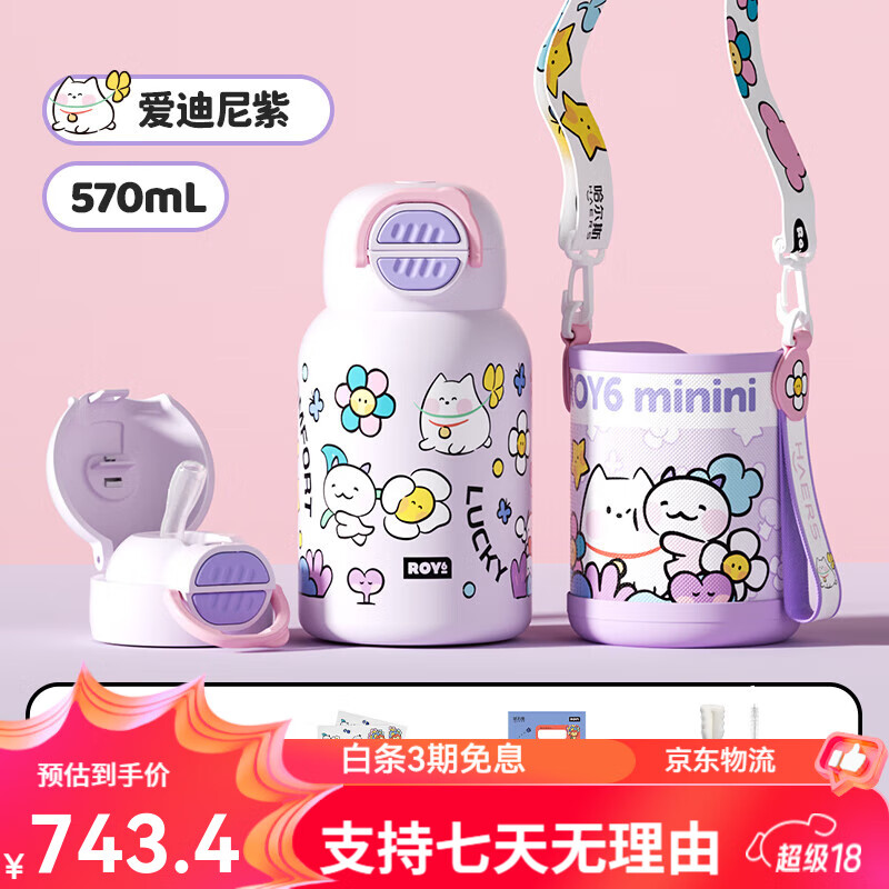 哈尔斯（HAERS）王源同款哈尔斯儿童保温杯学生上学专用水杯子双饮女生吸管高颜值 爱迪尼紫  赠礼品袋+杯套+ 570ml