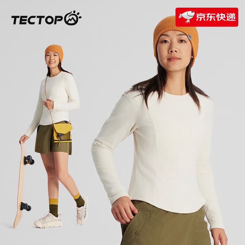 探拓（TECTOP）戶外雙面德絨打底衫女士修身內(nèi)搭抓絨衣登山徒步圓領(lǐng)長袖T恤 【雙面德絨】馥月白 S