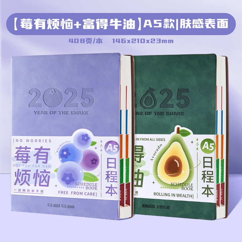 2025日程本計劃本筆記本日歷本打卡本時間管理自律記事本子工作管理表每日時間管理手帳 【2本裝丨莓有煩惱+富得牛油】加厚款/A5/膚感表