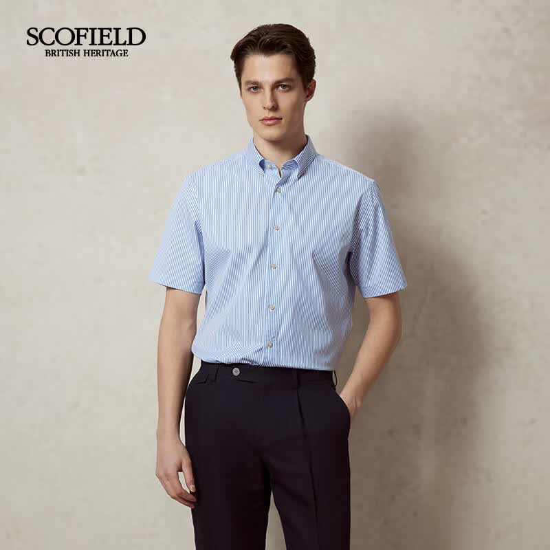 Scofield男士25春新品简约棉质时尚条纹休闲蓝色短袖衬衫翻领上衣 蓝色 M (170) 京东折扣/优惠券