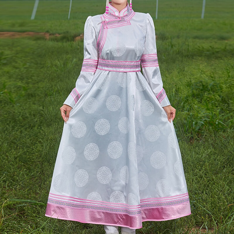 FANQI蒙古族服裝女裝生活裝蒙古袍女長款日常服成人蒙古紅色禮服演出 白色 S (95-110斤)