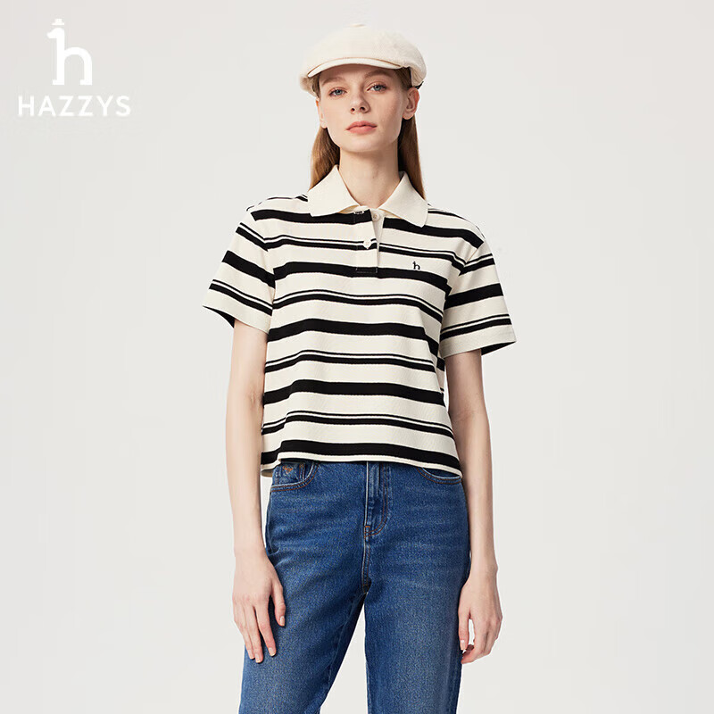 哈吉斯（HAZZYS）女装 2025夏季女士条纹短款宽松POLO衫女ASTSE0CBE16