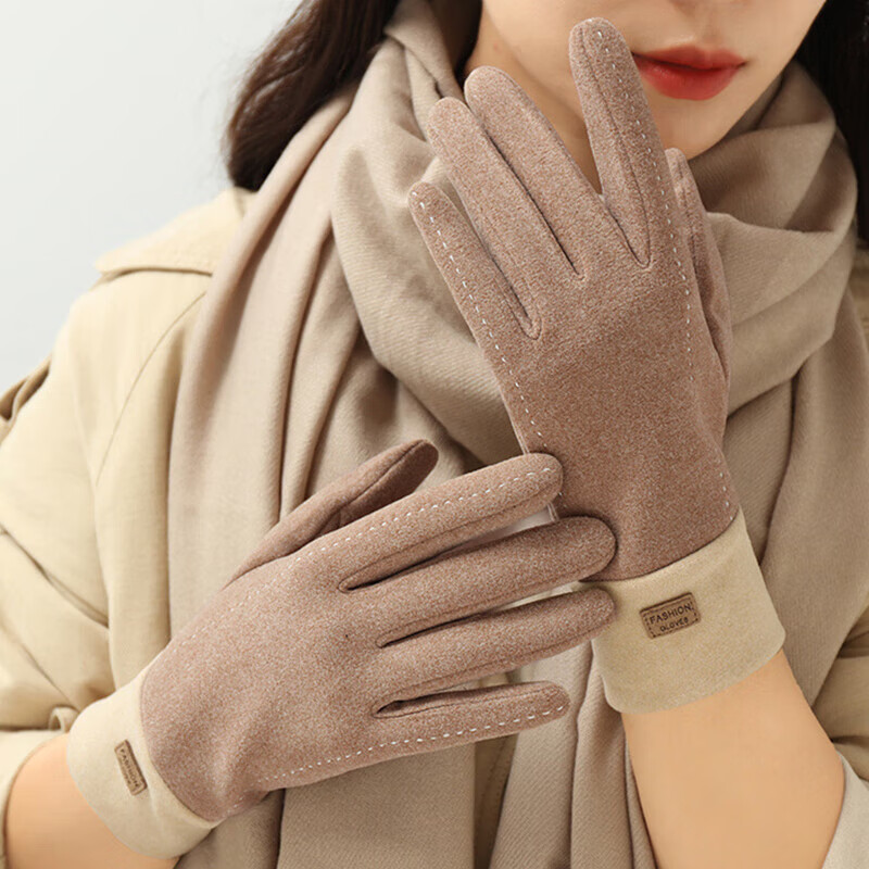 达芬奇密码 秋冬季开车可触屏加绒保暖防风防寒手套女 白线 卡其 均码