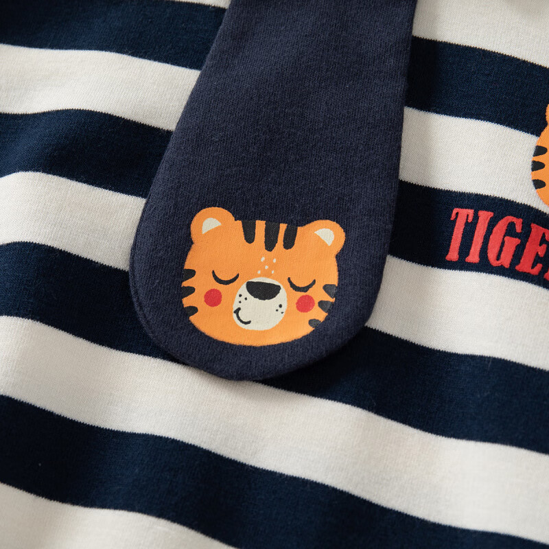 WELLKIDS条纹男童翻领卫衣帅气领带长袖童装卡通老虎可爱春秋冬加绒卫衣 藏青条纹领带 90