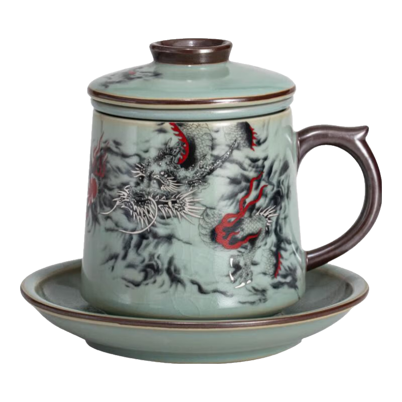 汝道汝窑办公杯大容量茶杯陶瓷过滤茶水分离杯带把高端个人专用杯子 【墨龙】办公杯四件套 450ml