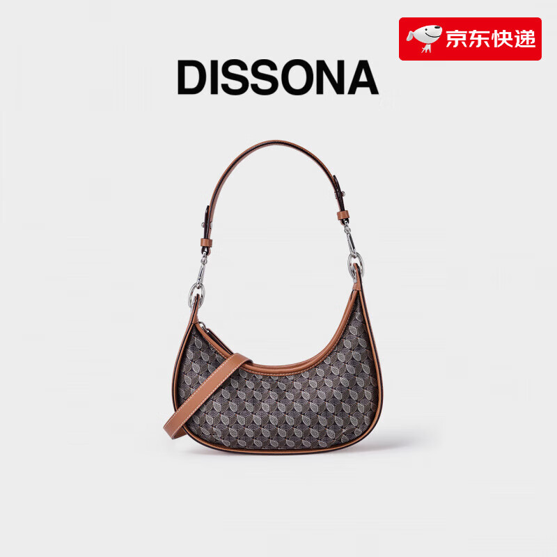 DISSONA【】迪桑娜腋下包幸運(yùn)錦囊月牙包復(fù)古老花單肩包手提麻將包 棕色
