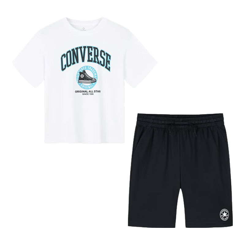 Converse匡威童装男童套装夏季新款中大童休闲短t短裤两件套宽松上衣 纯白色 140 /68 【建议身高128-140cm】