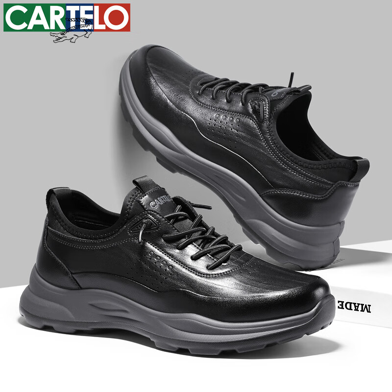 卡帝乐鳄鱼新款春秋休闲皮鞋男士时尚百搭软底鞋子舒适男士商务黑色真皮男鞋 黑色 42