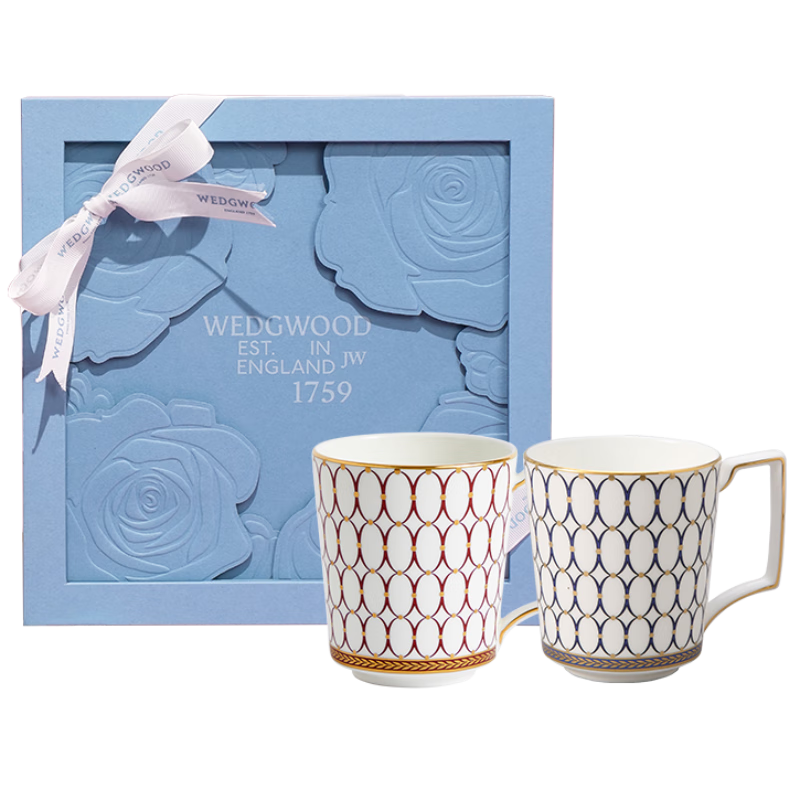 WEDGWOOD[618保價(jià)]玫瑰花禮盒馬克對(duì)杯高顏值骨瓷咖啡杯情侶水杯 金粉年華藍(lán)+紅馬克對(duì)杯玫瑰禮盒