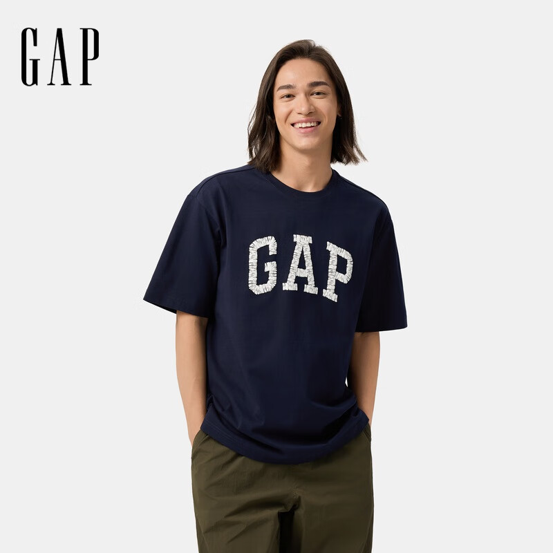 GAP男女装2025春季新款纯棉发泡印花logo短袖T恤休闲上衣724909 海军蓝 XL (180/100A) 亚洲尺码