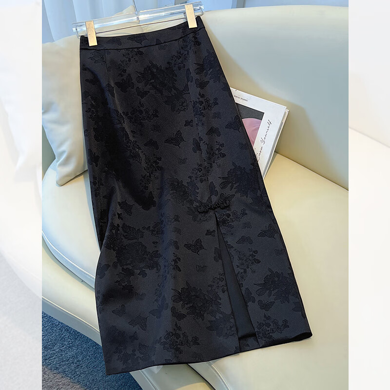 新中式国风提花a字半身裙女春夏2026新款刺绣开叉直筒中长包臀裙 黑色 XL (29) 建议110-120斤