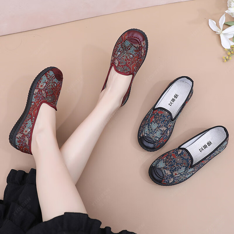 意迪森传统老北京布鞋柔软透气飞织鞋面女单鞋软底不累脚久站不累踩屎感 红色 35 (225mm)