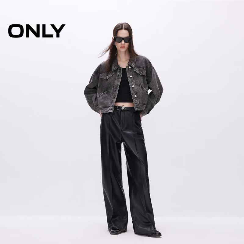 ONLY2025秋季新款复古水洗水钻OVERSIZE翻领牛仔外套女|125154005 J0Z 牛仔灰 S