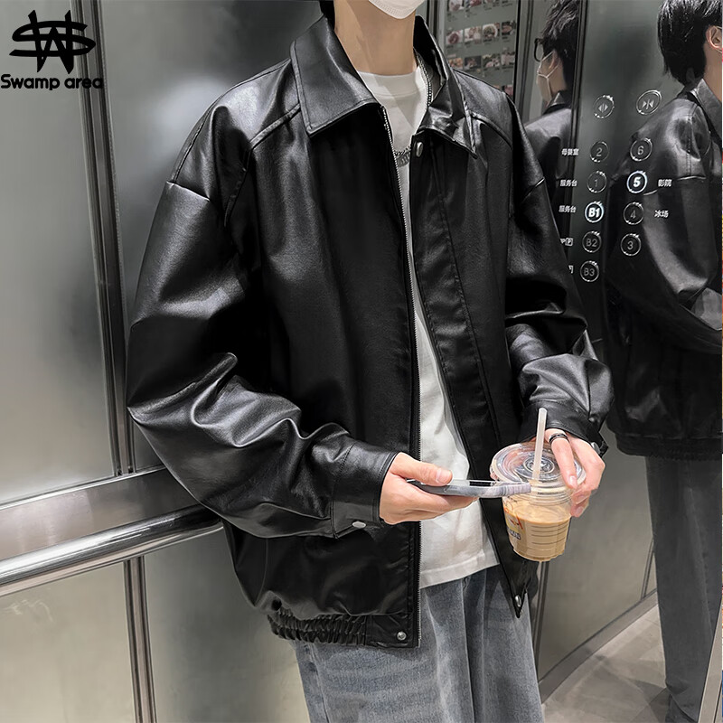 SWAMP AREA皮衣純色男春秋季嘻哈外套上衣美式復(fù)古機(jī)車風(fēng)夾克 SWC99黑色  L 