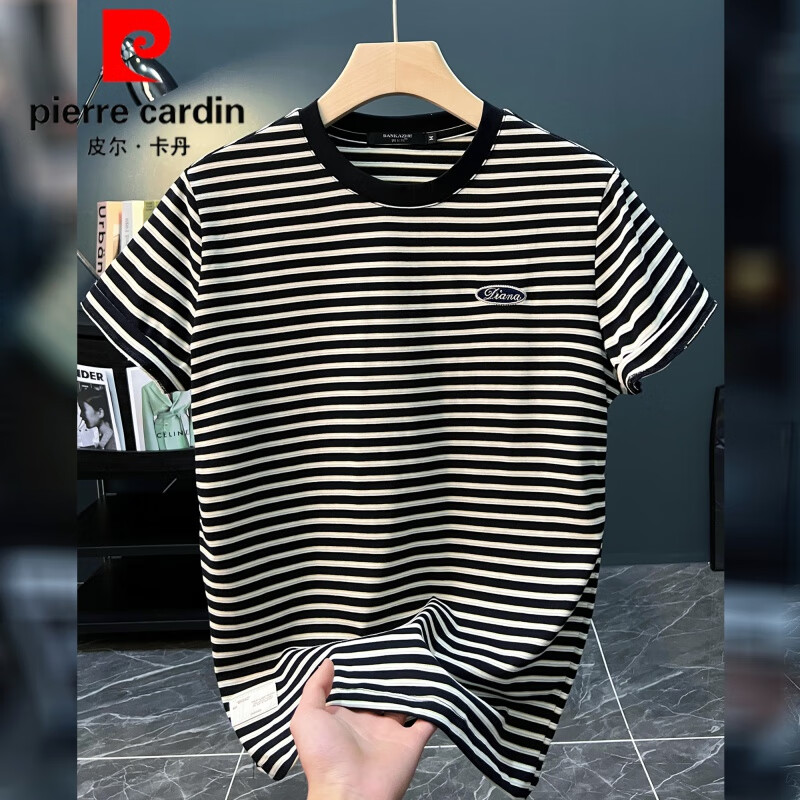 皮尔卡丹（pierre cardin）2025新款夏季条纹短袖t恤男士宽松新款潮流圆领休闲修身帅气上衣 黑色 3XL 155-170斤
