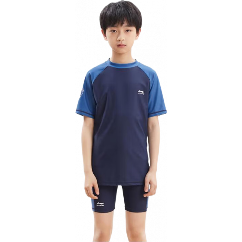 李寧（LI-NING） 兒童泳衣男童分體泳褲沖浪服 青少年中大童舒適速干游泳衣 【383藏藍(lán)】大框套裝 170 【高150-160CM重45-50kg】