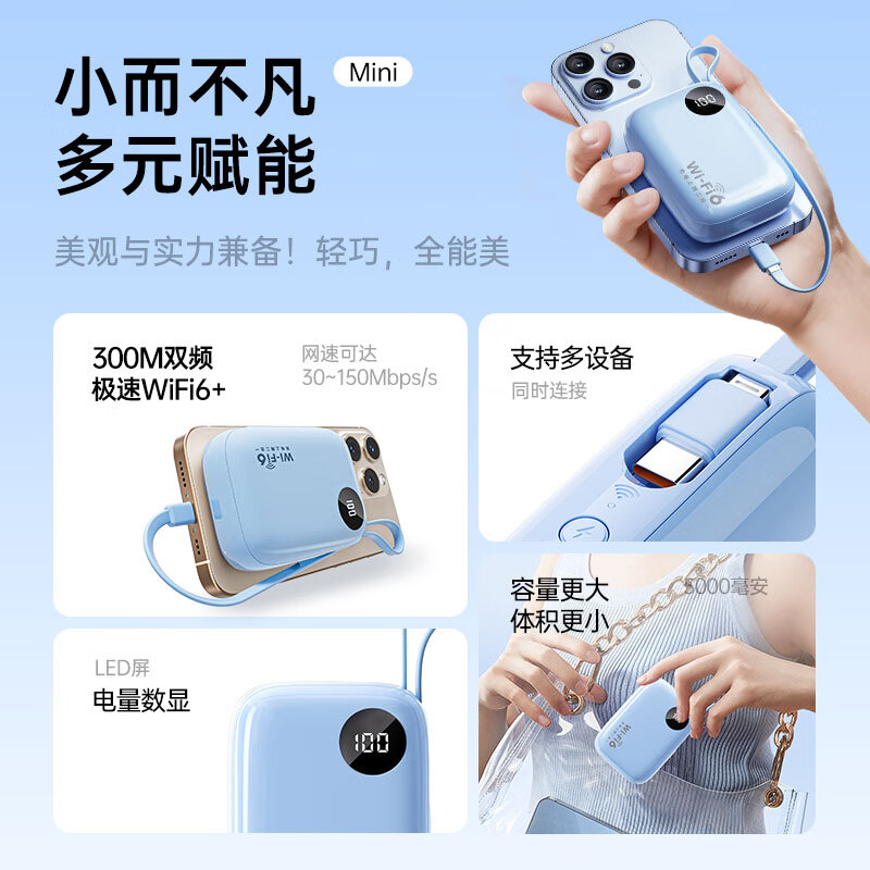 小叮讯【3C认证可上飞机】移动随身wifi5g无限流量2025款无线网随身wifi充电宝二合一免插卡网络车载户外 【顶配款】5000毫安大电池|网速可达300M-蓝 0月租 无预存 随用随充