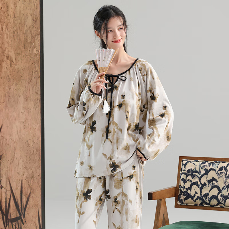 玛伦萨睡衣女士春季纯棉2025新中式国风古风可外穿大码长袖家居服套装 灰色 M