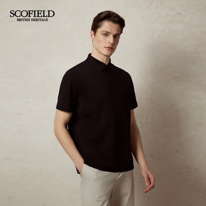 Scofield男士25年夏季新款棉质翻领纯色商务休闲宽松短袖POLO衫 黑色 L (175)