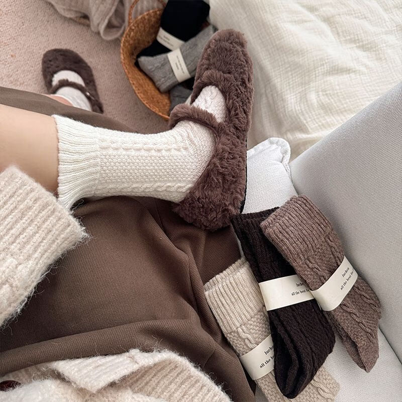 东方缘5双装秋冬女士羊毛袜加绒保暖中筒袜 混色 5双