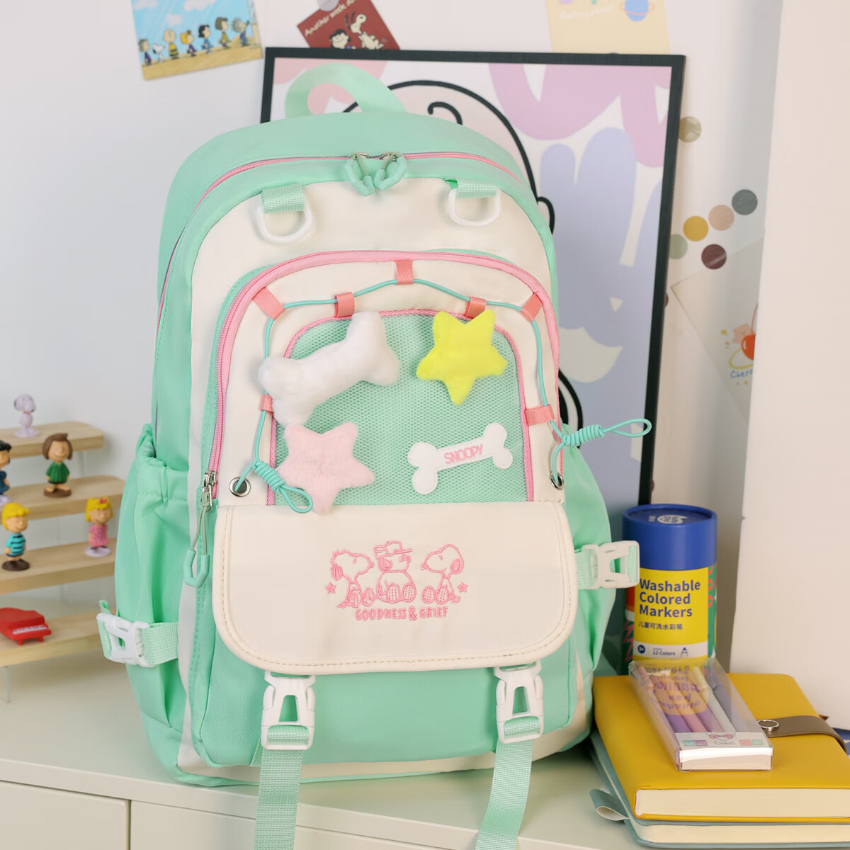 史努比（SNOOPY）痛包ins初中高中學生書包女可愛少女百搭大容量雙肩包背包 綠色