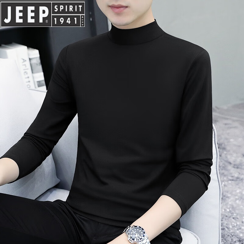 JEEP SPIRIT纯棉高领t恤长袖男打底衫春秋2025新款中领春秋衣时尚流行光版T恤 黑色T192款 纯色中领 M 85-115斤