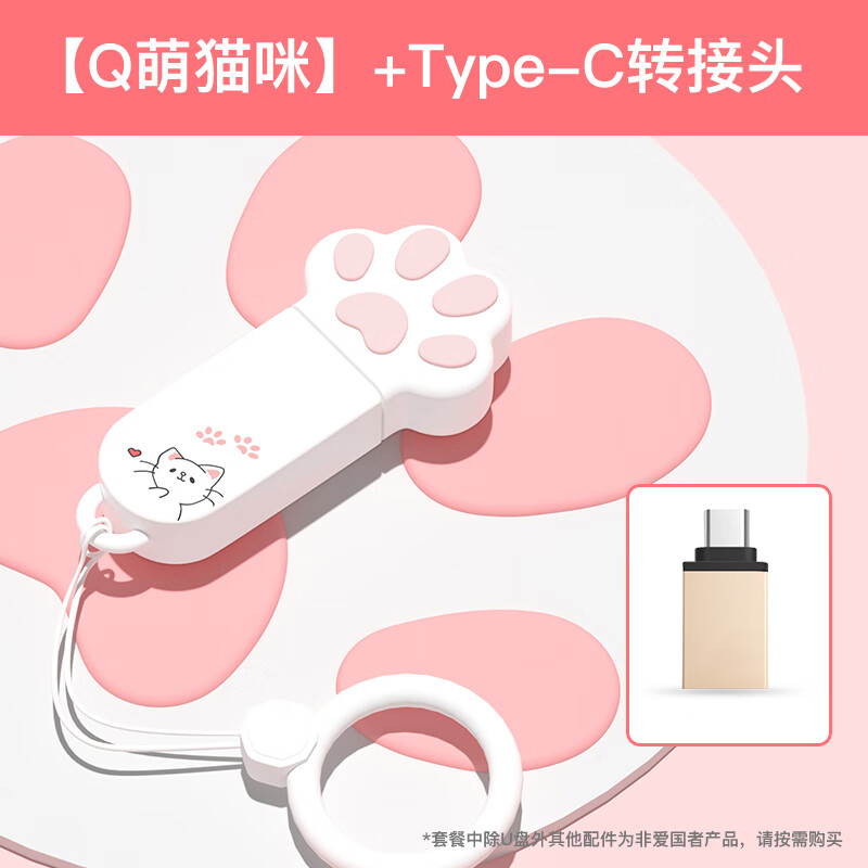 爱国者（aigo）u盘可爱卡通猫爪情侣迷你u盘车载电脑系统学习办公送礼大容量手机优盘 【Q萌猫咪】+Type-C转接头 8GB