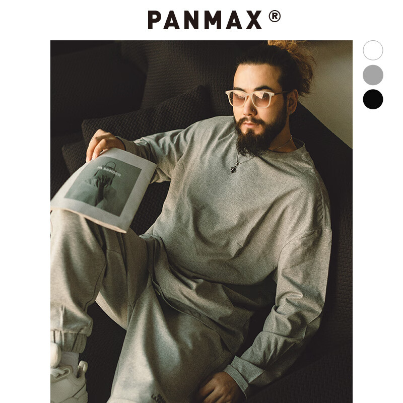 PANMAX大碼潮牌男裝百搭純色棉感防曬冰感T恤衫休閑寬松打底衫加大短袖 麻灰色長(cháng)袖款 3XL