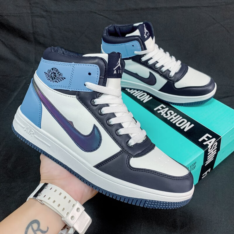 【莆田男鞋】男鞋新款aj篮球鞋男空军一号情侣款大码小码高帮 北卡蓝
