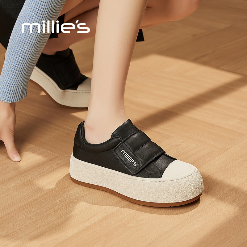 妙丽板鞋女厚底魔术贴浅口小白鞋2025春季新款时尚休闲百搭 黑色 36 (230mm) 标准码