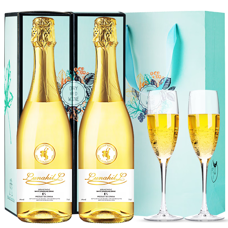 LUNAHILL配2香檳酒杯 西班牙原瓶進(jìn)口無醇起泡酒莫斯卡托無酒精0度葡萄酒 750ML禮盒裝（兩支裝）+2香檳杯
