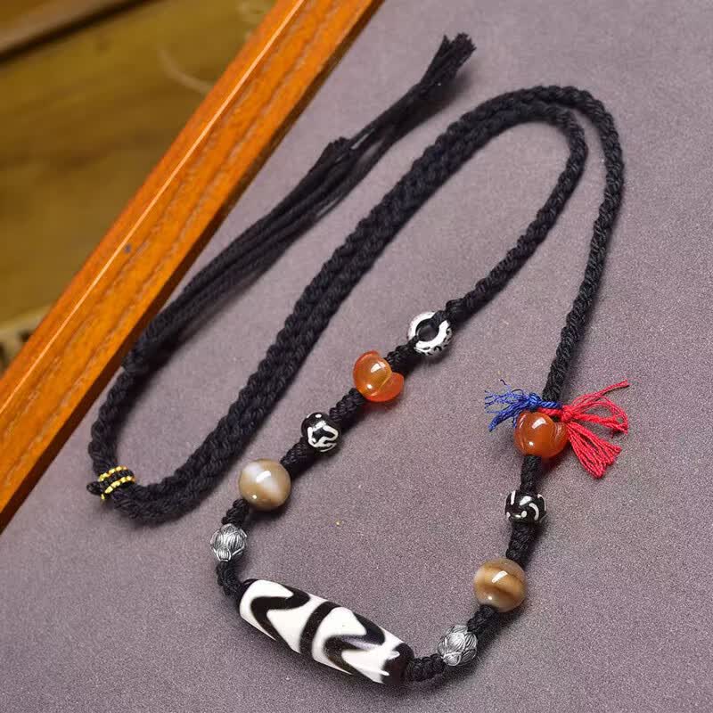 虎牙天珠吊坠毛衣链三七银玛瑙莲花一线天珠配饰编织绳项链 虎牙天珠