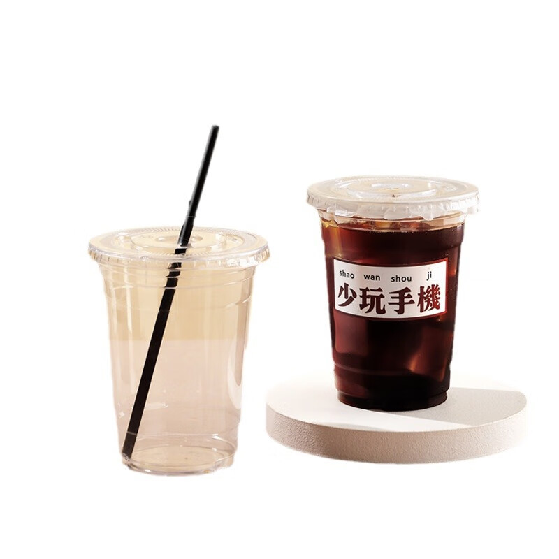 【优选】一次性咖啡杯子自制饮料冷热饮品pet塑料杯打包外带带盖D 360ml -10只套装（杯子+平盖+吸管+防漏纸