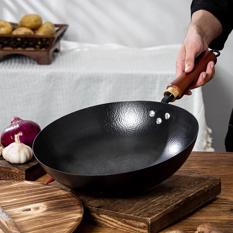 cmlziua章丘手工锻打铁锅传统圆底不粘炒锅家用厨具无涂层锅燃气灶电磁炉 34cm平底铁锅（已开锅+盖） 34cm