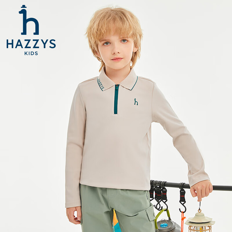 哈吉斯(HAZZYS)品牌童装男童POLO衫春季新款舒适柔软透气撞条简约时尚长袖POLO衫 沙滩灰 165