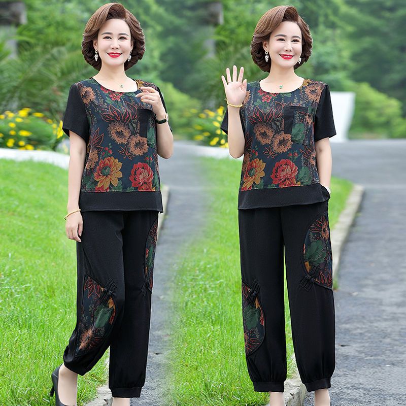 俞兆林(YUZHAOLIN)母亲节大码妈妈夏装休闲套装中老年女装洋气两件套老年人衣服 黑色套装 5XL 建议155-170斤