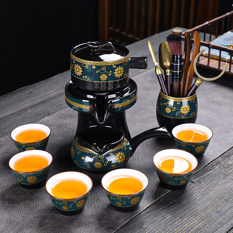 宰搂配单个懒人石磨茶具单个旋转出水功夫茶壶复古时来运转 古满宏11件带茶杯茶洗茶道