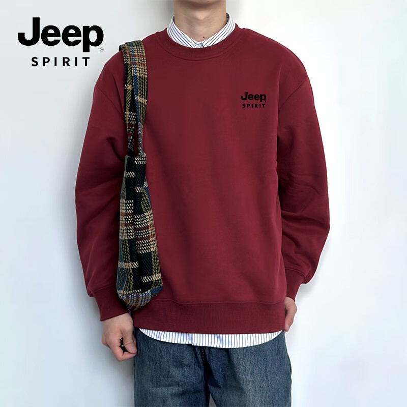 JEEP SPIRIT吉普酒红色卫衣男春季潮流圆领套头男士外套本命年内搭长袖男