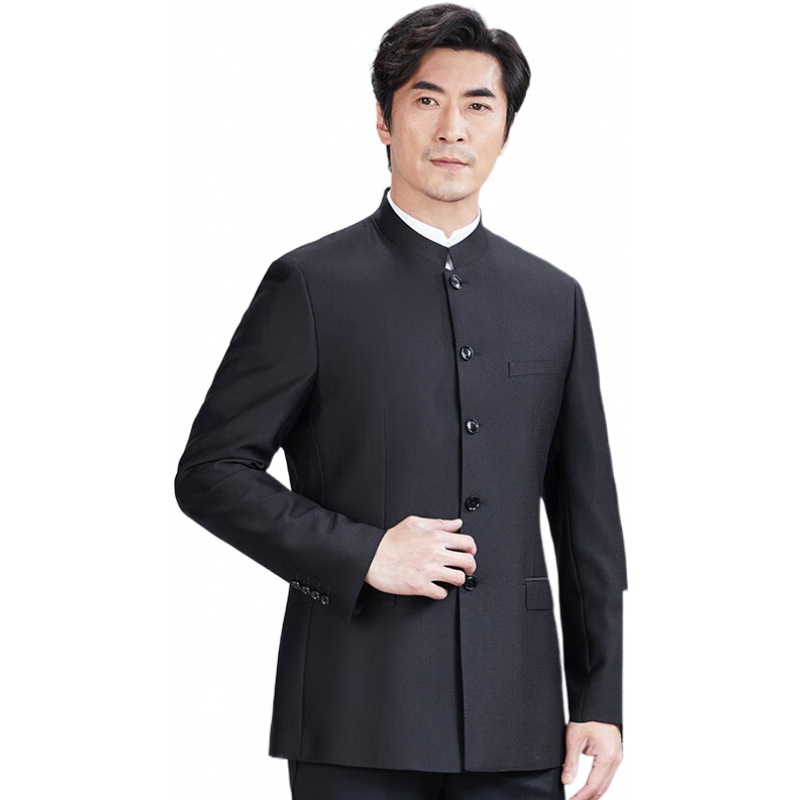 紅都男士中山裝青年修身中華立領(lǐng)時尚中式禮服中國風(fēng)男中山服套裝 黑色AX5865-1/B版 L 175