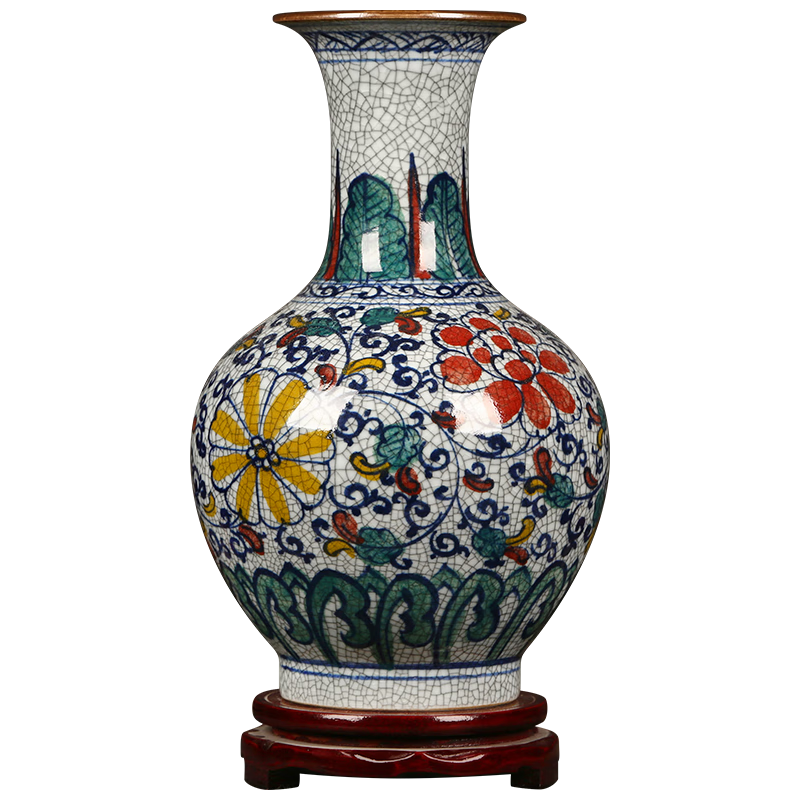 傲世景德鎮陶瓷器仿古中式花瓶工藝品客廳擺件辦公室博古架玄關(guān)裝飾品 大手繪官窯裂紋賞瓶+底座+證書(shū)