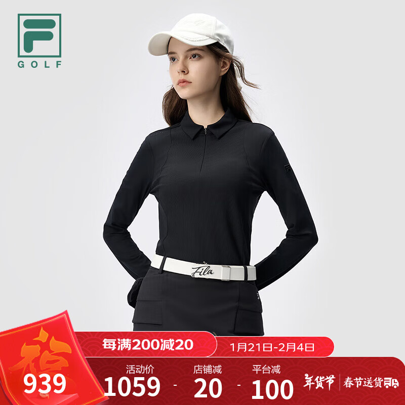 FILA 斐乐官方女子针织长袖POLO衫2024冬新款高尔夫运动翻领上衣 深黑-BK 170/88A/L