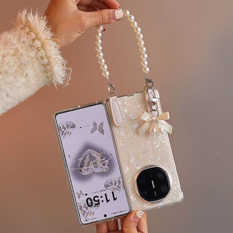 适用华为MateX6手机壳贝壳纹mateX5高级定制x3典藏版后壳前框超薄 彩白贝壳纹+蝴蝶结挂件+手链 华为 Mate X6典藏版