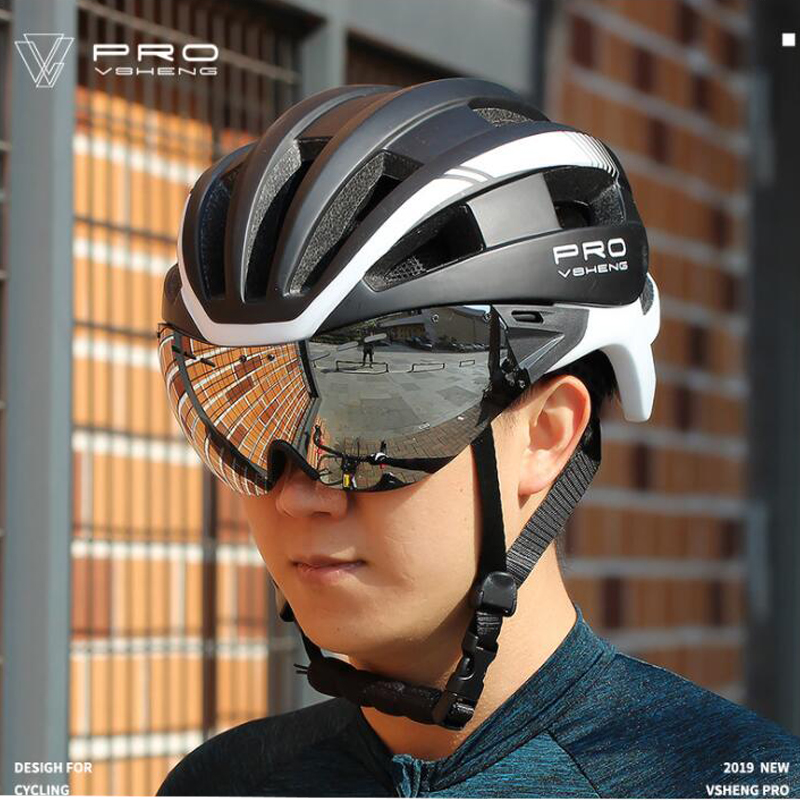 MTP 骑行头盔男女放风镜眼镜一体成型山地自行车安全头盔公路车轻量骑行头盔 黑白（57-62CM）灰色镜片