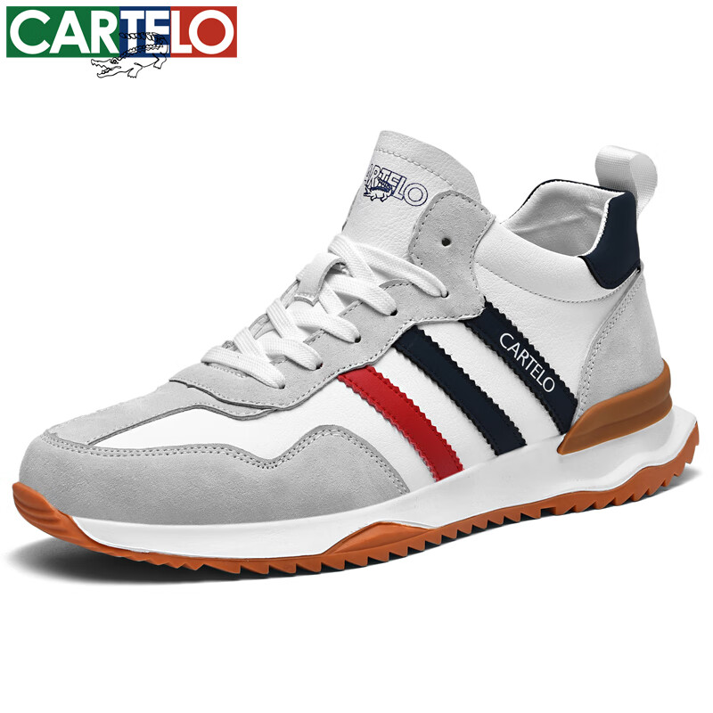 卡帝乐鳄鱼男鞋春夏季真皮防滑板鞋厚底旅游鞋透气帆布男士休闲鞋跑步运动鞋 米白-皮面(QH8015) 45